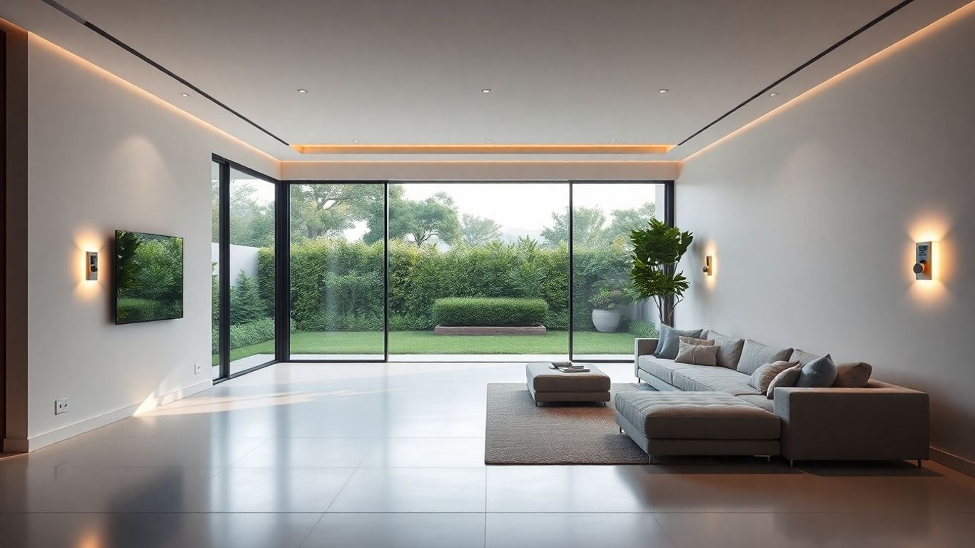 Luxuriöses Smart-Villa-Interieur mit fortschrittlicher Technologie und Gartenblick.