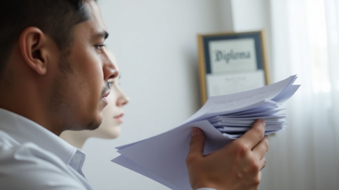 Personne réfléchissant à des documents et un diplôme