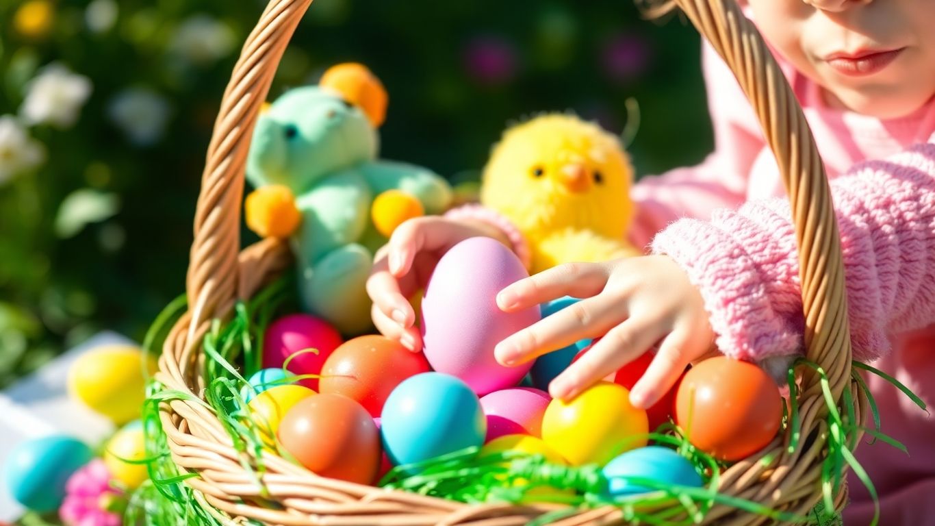 Child's hands reaching into a colorful Easter basket.