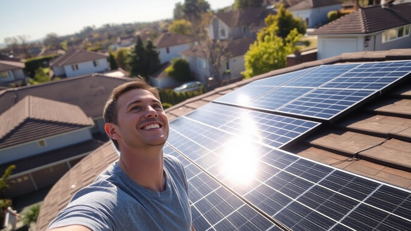 Homeowner admiring new solar panels on a sunny day.