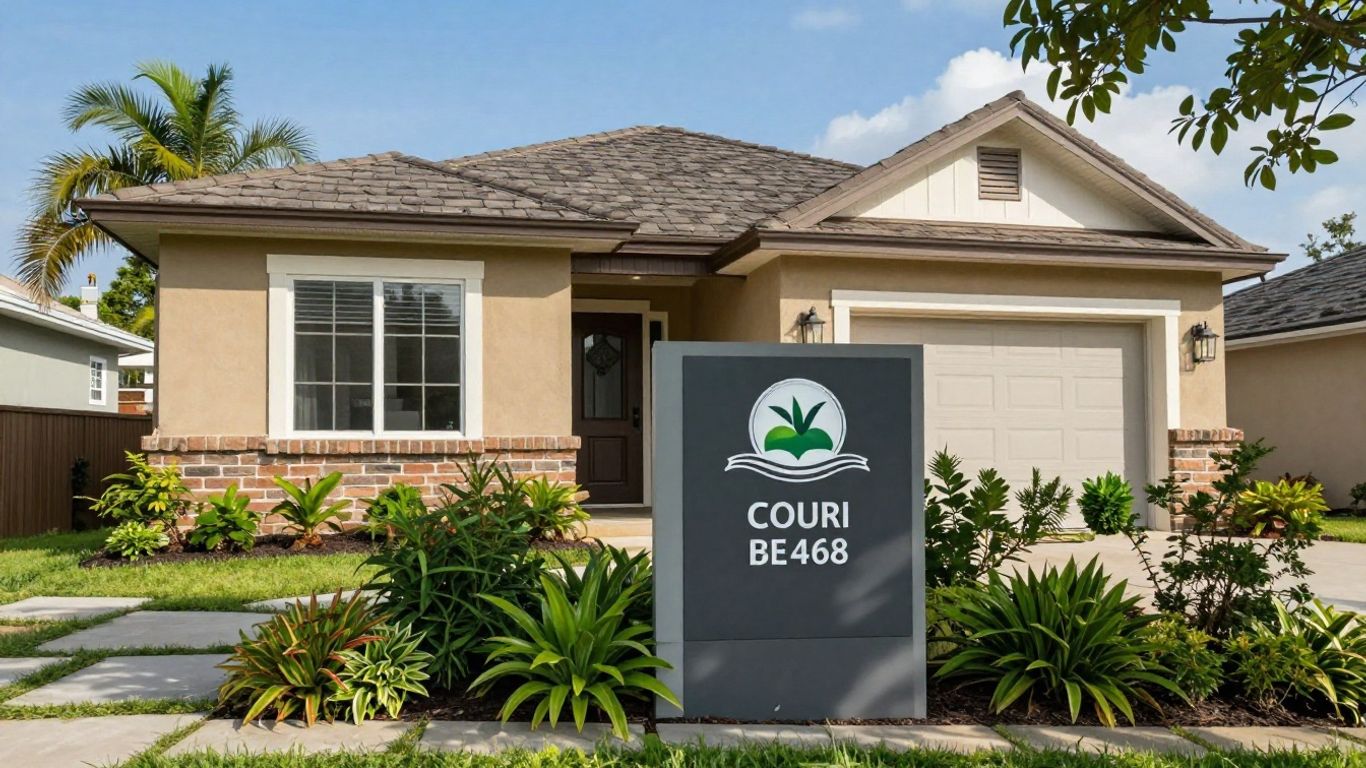 Modern house with a prominent property marker.