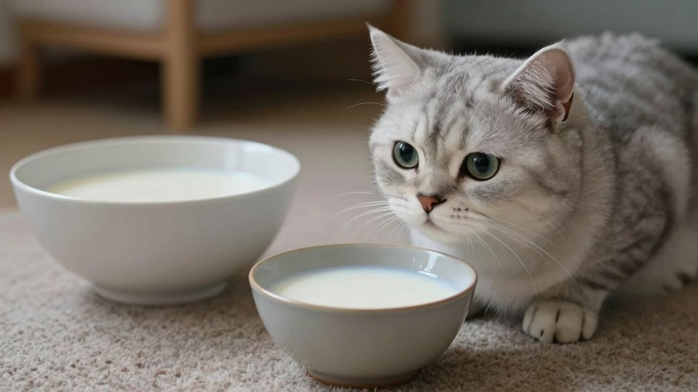 Cat looking at milk and a healthier alternative.