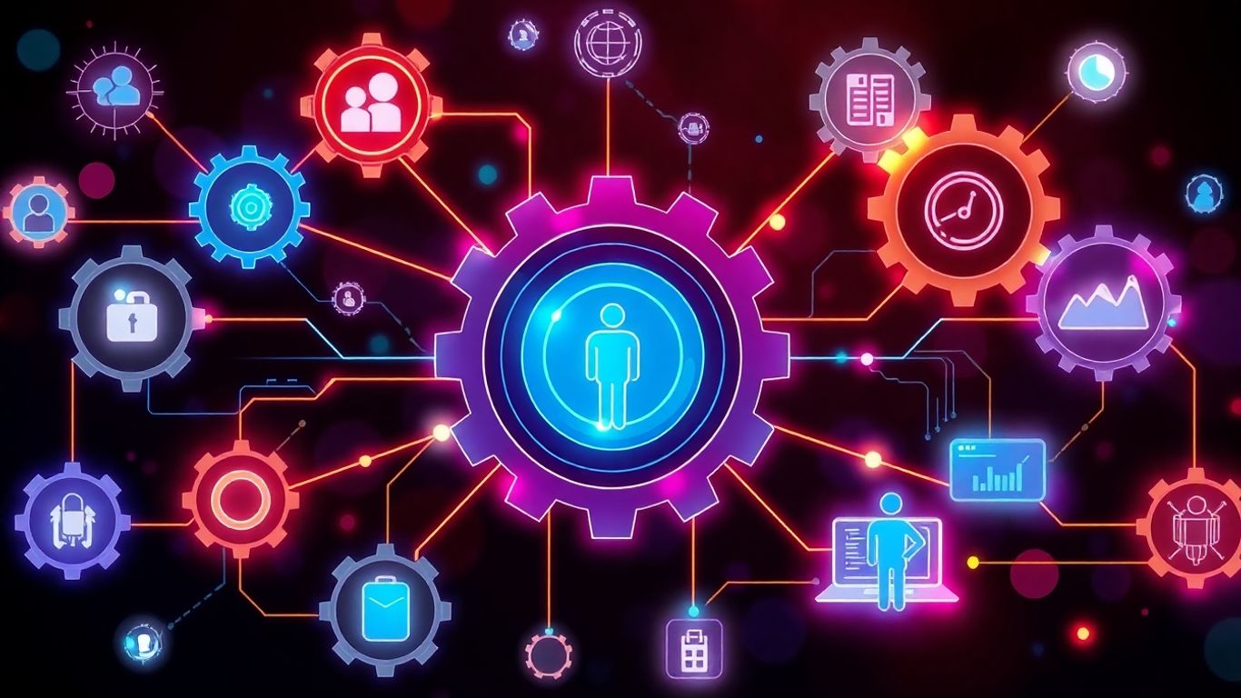 AI automation tools infographic with digital icons and gears.
