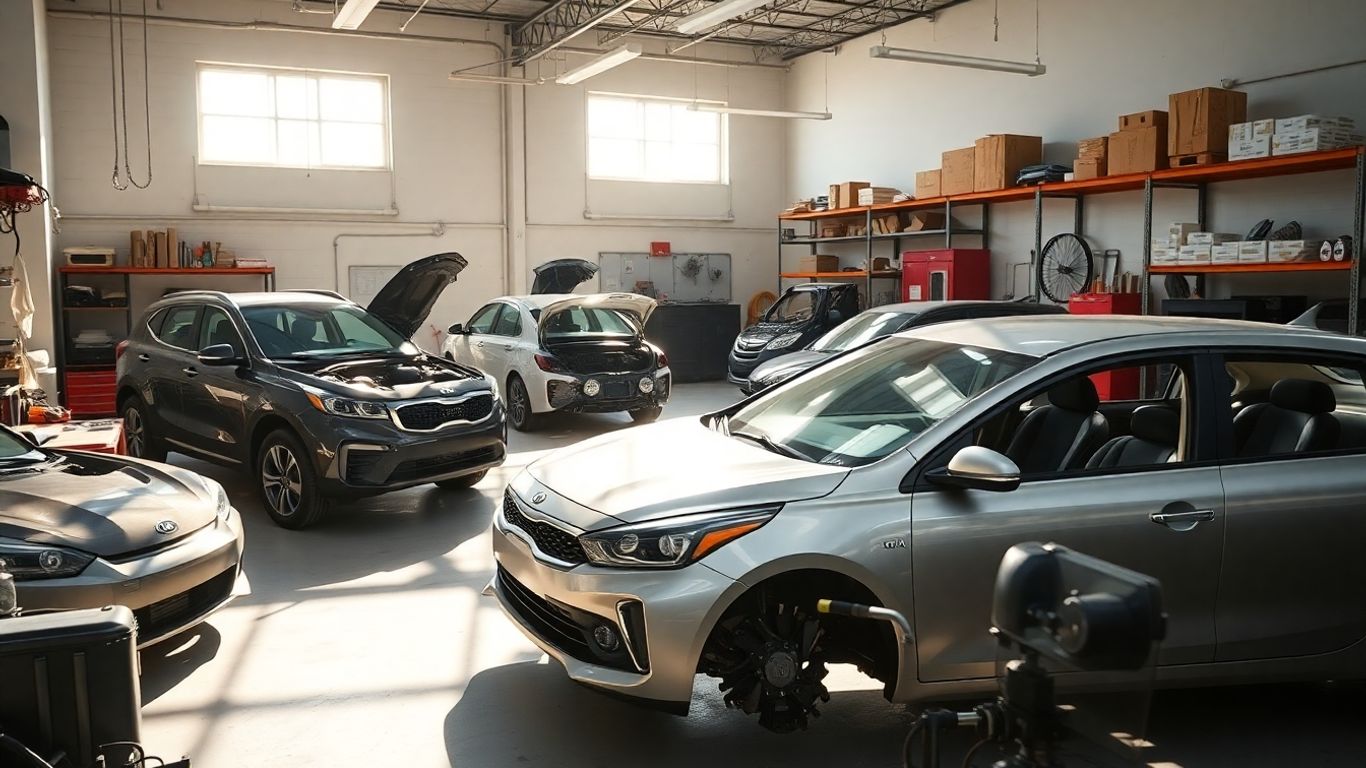 Kia car parts and vehicles in a workshop