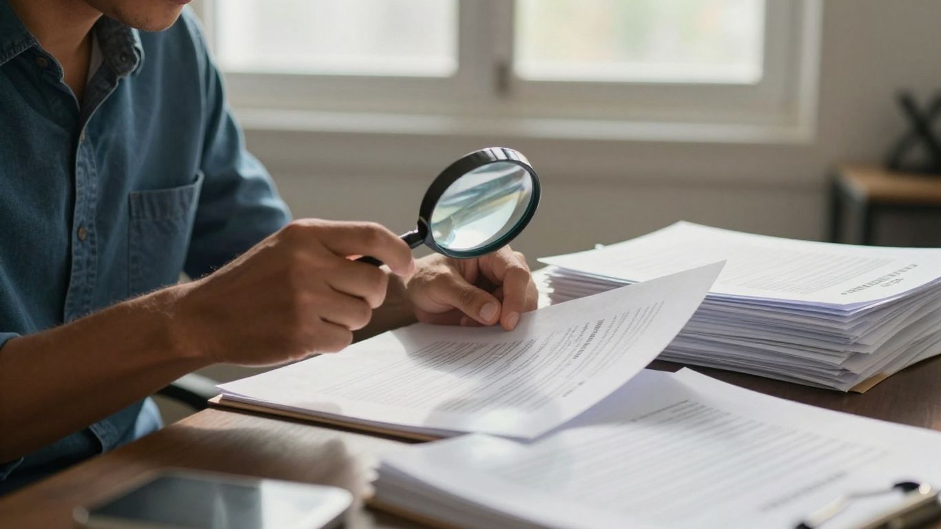 Person reviewing insurance policies with a magnifying glass.