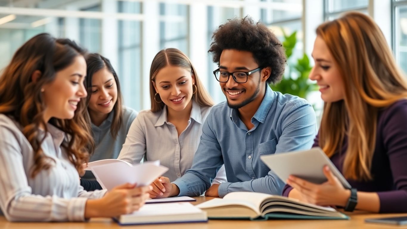 Professionals learning in a modern financial institute setting.