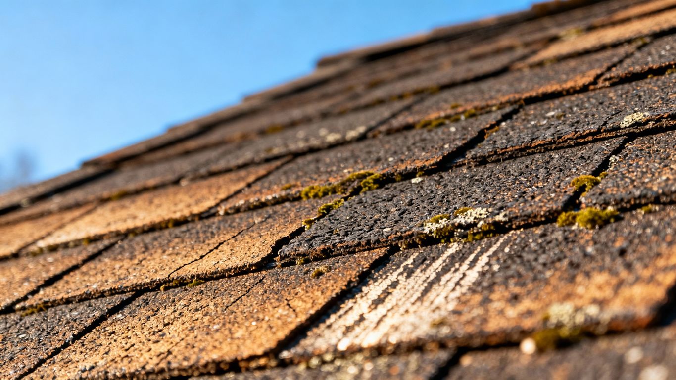 Close-up of a weathered roof with blue sky.