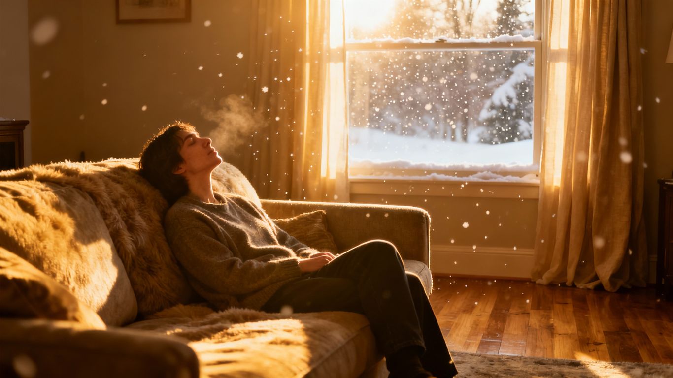 Cozy living room with sunlight and snow outside.