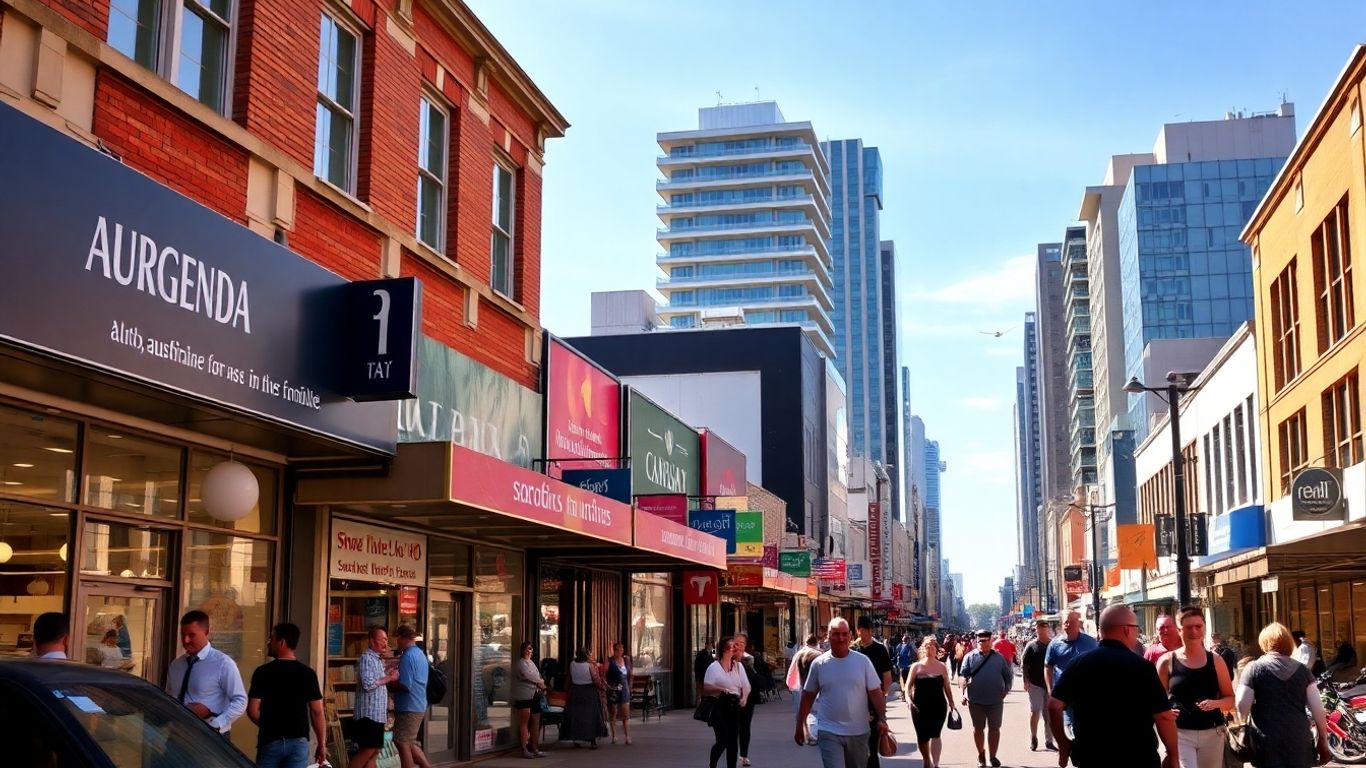 Aussie small businesses thriving in a sunny urban setting.