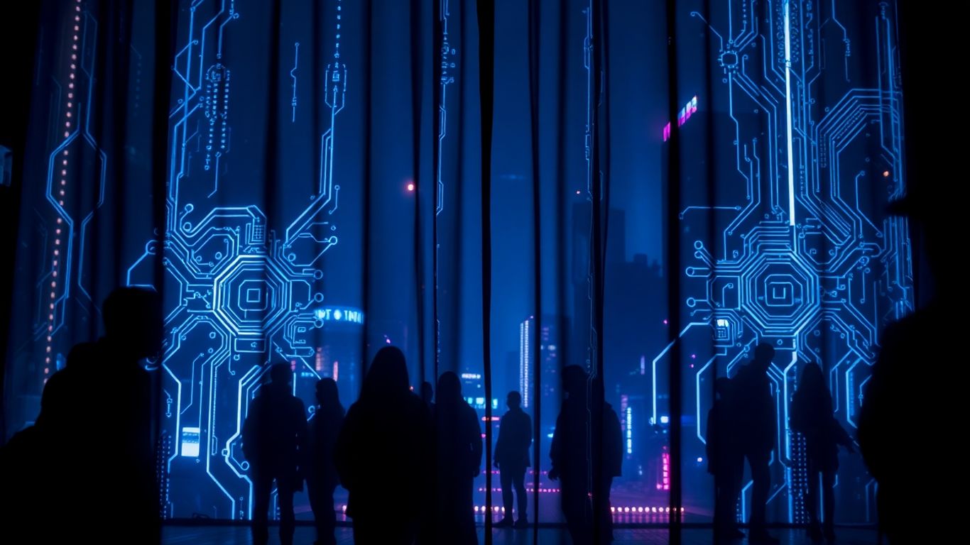 AI curtain obscuring city and people silhouettes.