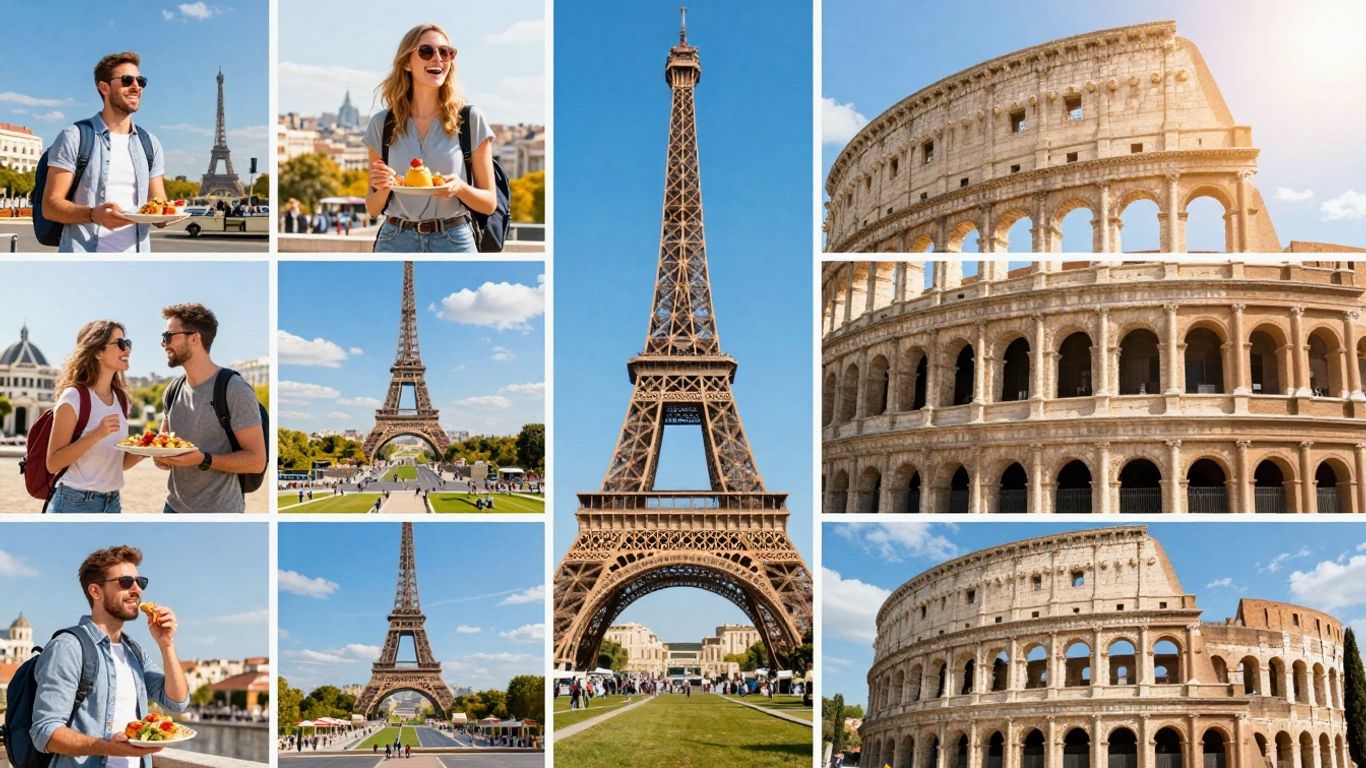 Affordable European holiday packages with landmarks and happy travelers.
