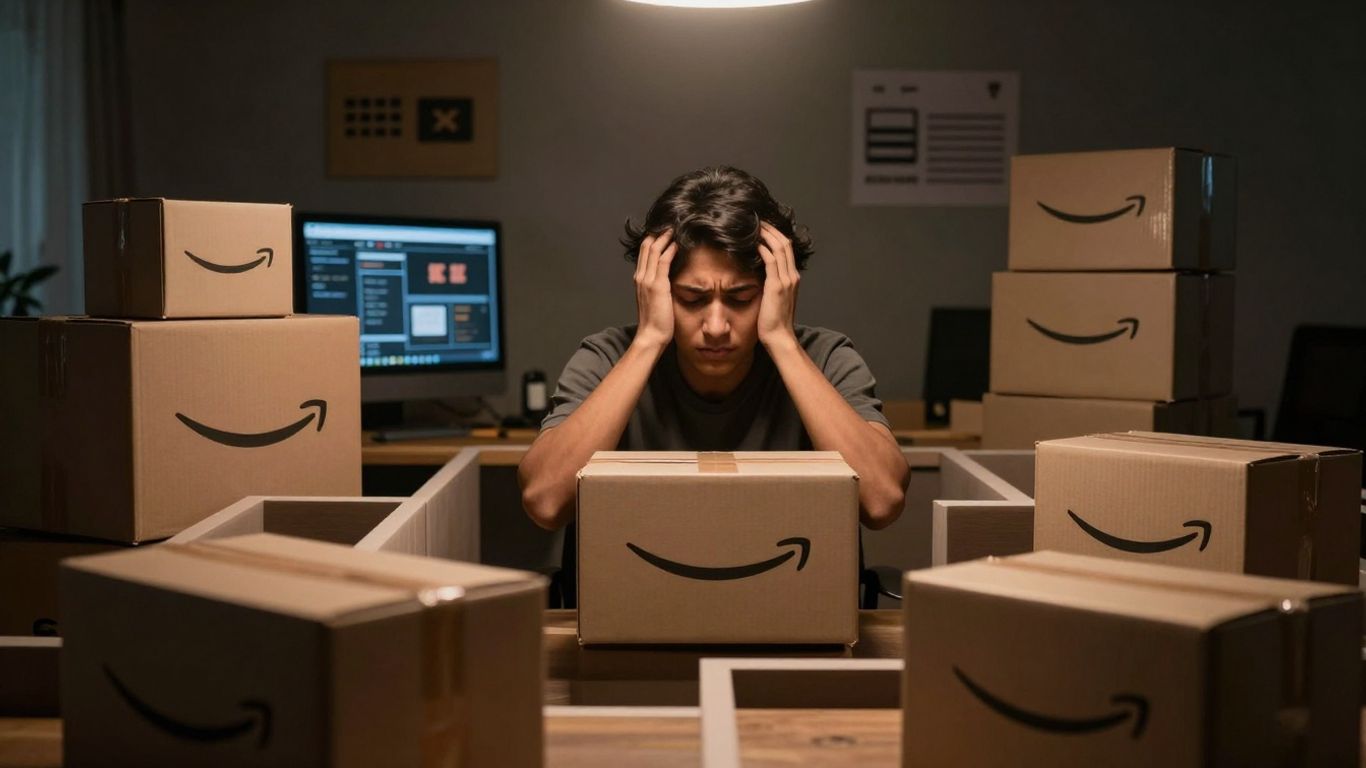 Seller overwhelmed by Amazon boxes and maze.
