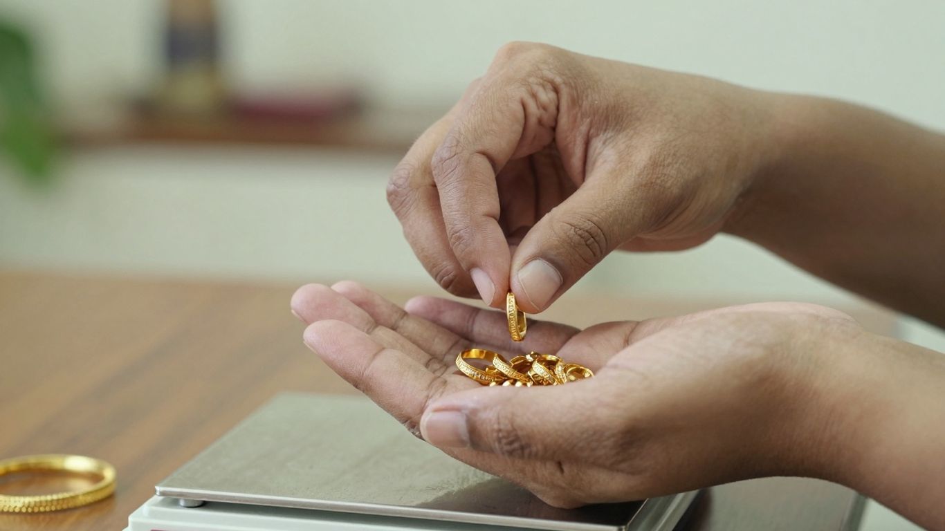 Estimation d'or à domicile : mains tenant des bijoux en or.