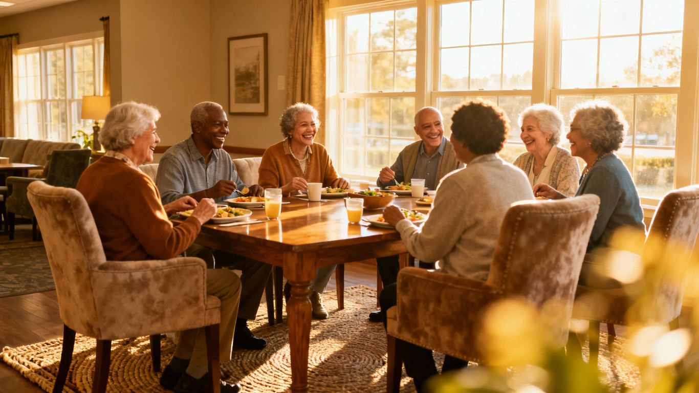 Residents enjoying a meal together in a communal dining space.