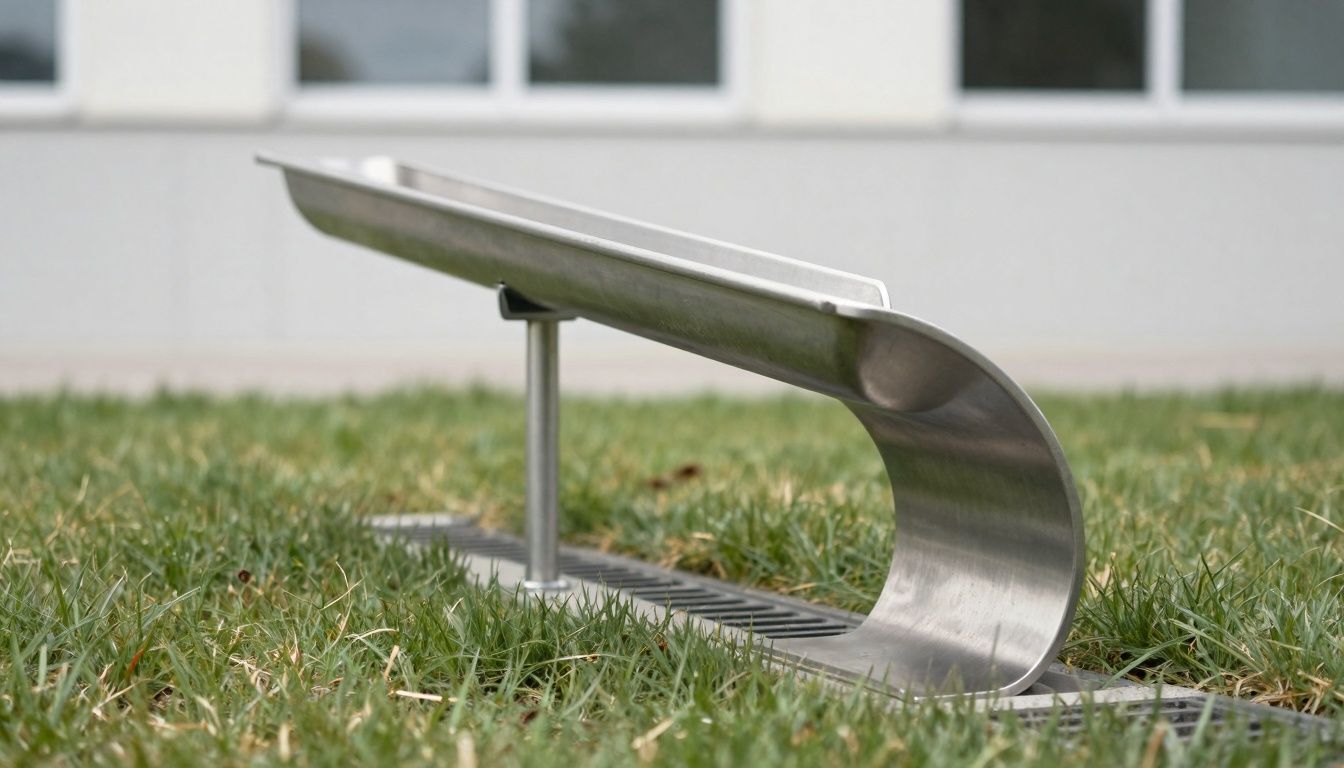 Close-up of a custom curved stainless steel drainage channel in urban setting