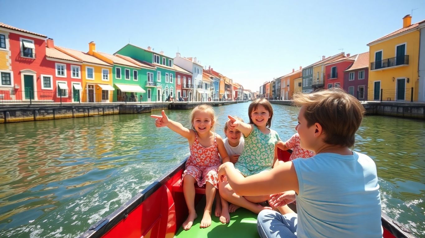 Família feliz em passeio de barco na Ria de Aveiro.
