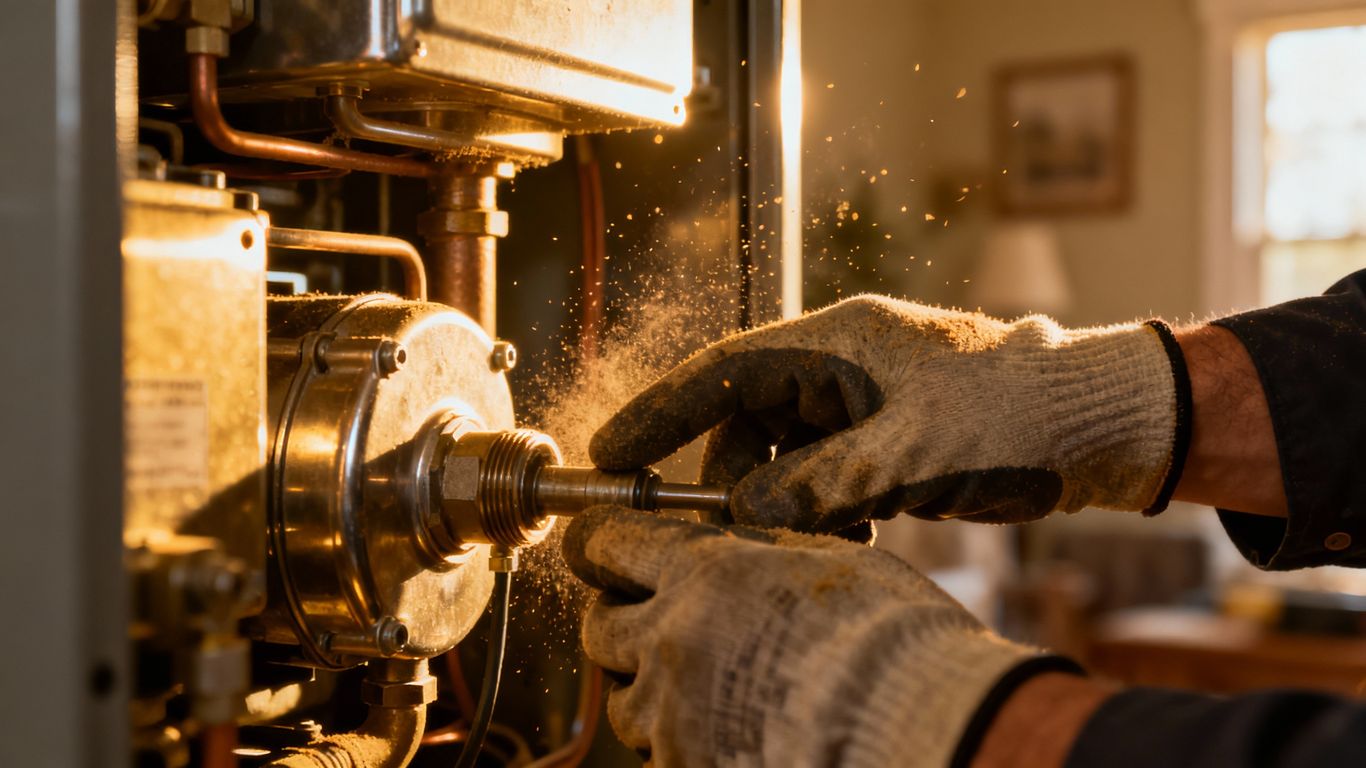 Technician inspecting furnace interior for maintenance.