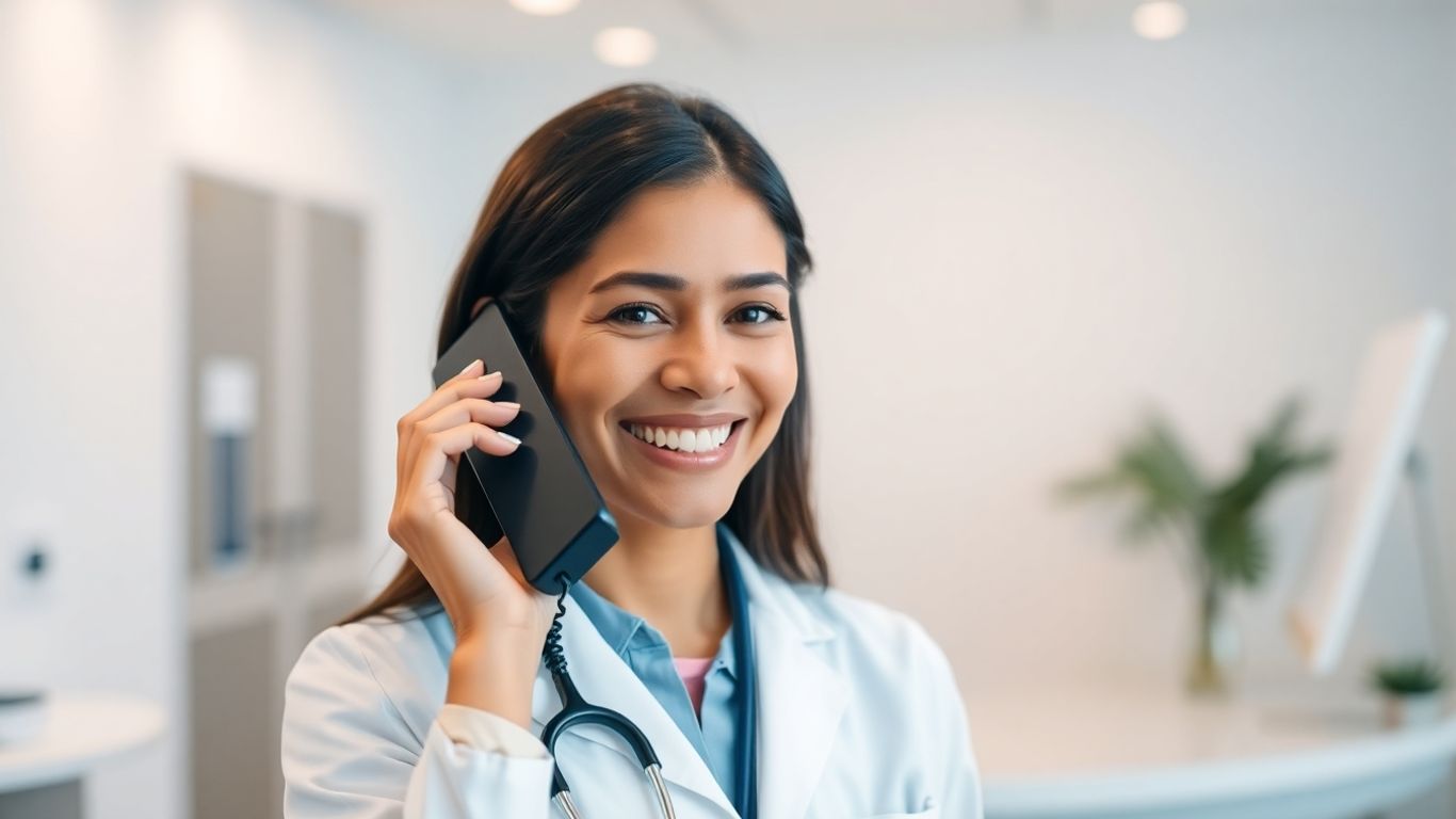 Healthcare professional smiling while on a phone call.