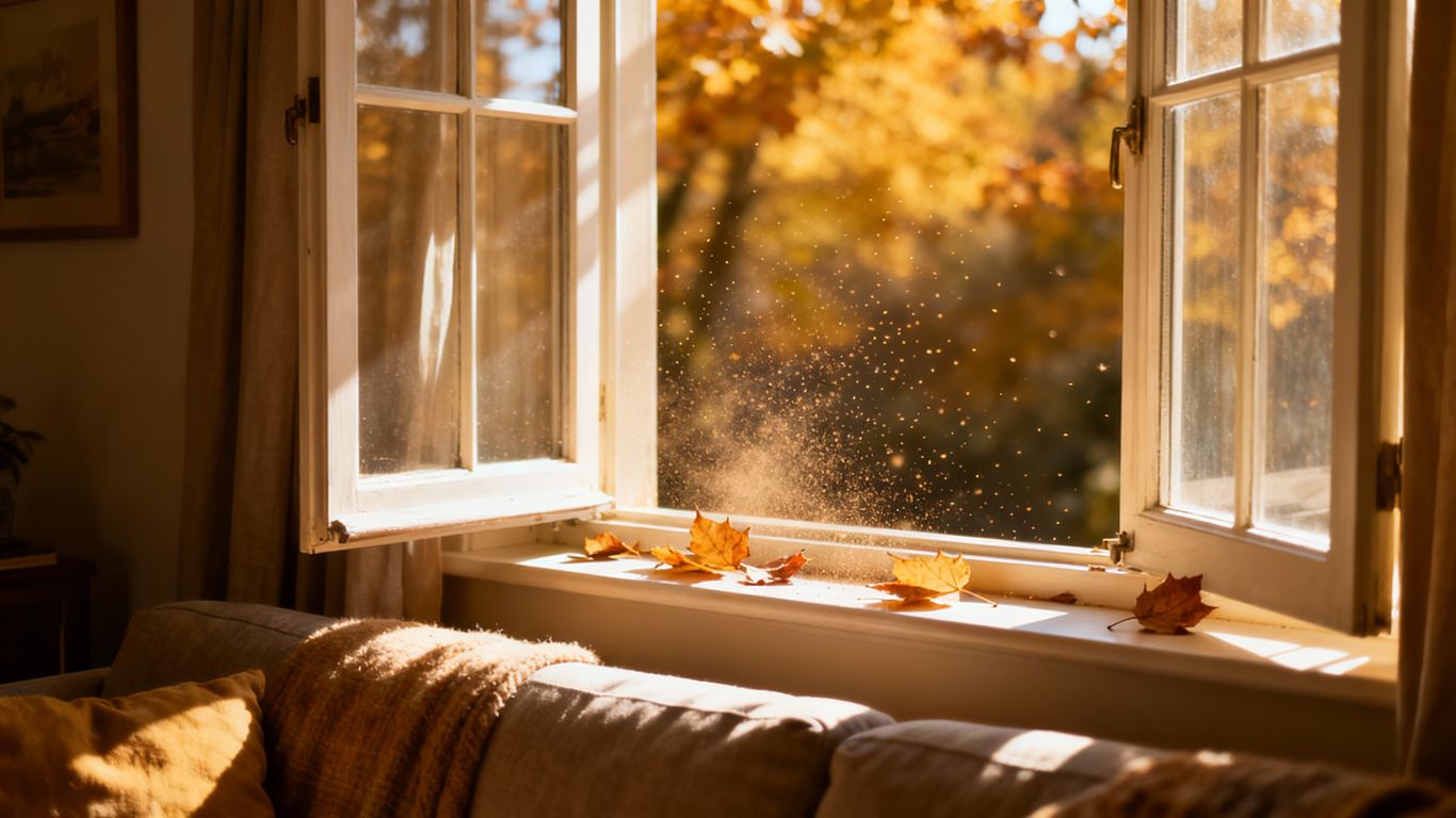Cozy living room with open windows and autumn air.