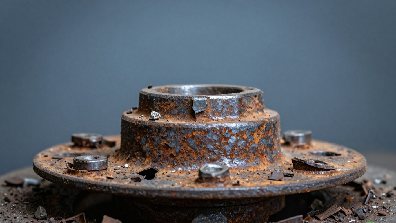 Damaged and rusted wheel hub with broken metal pieces.