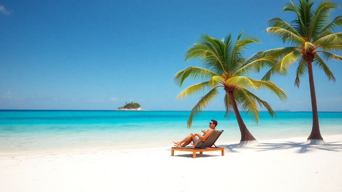 Couple relaxing on a tropical beach, last minute holiday deal.