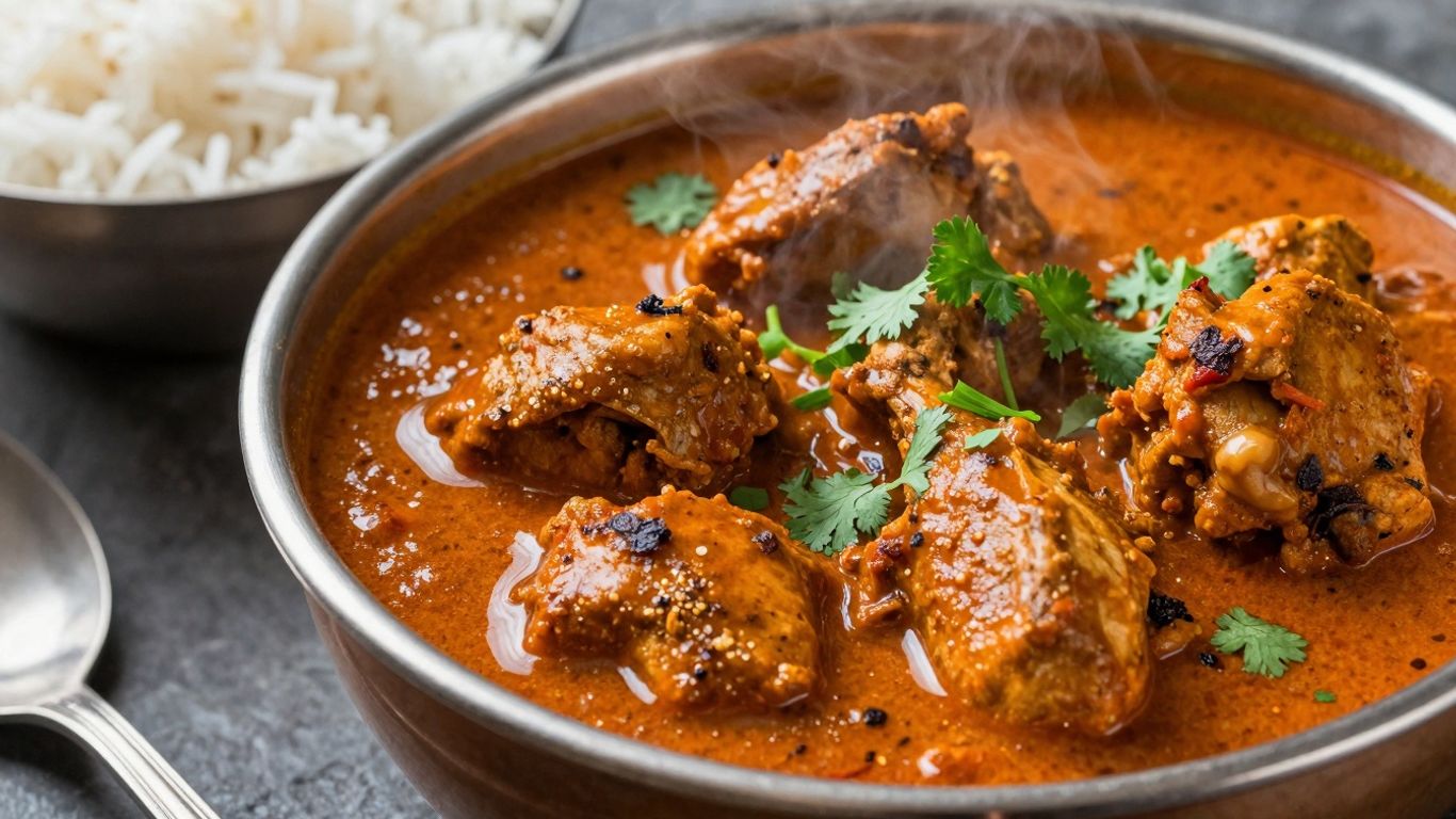 Authentic Indian chicken curry in a bowl with rice.