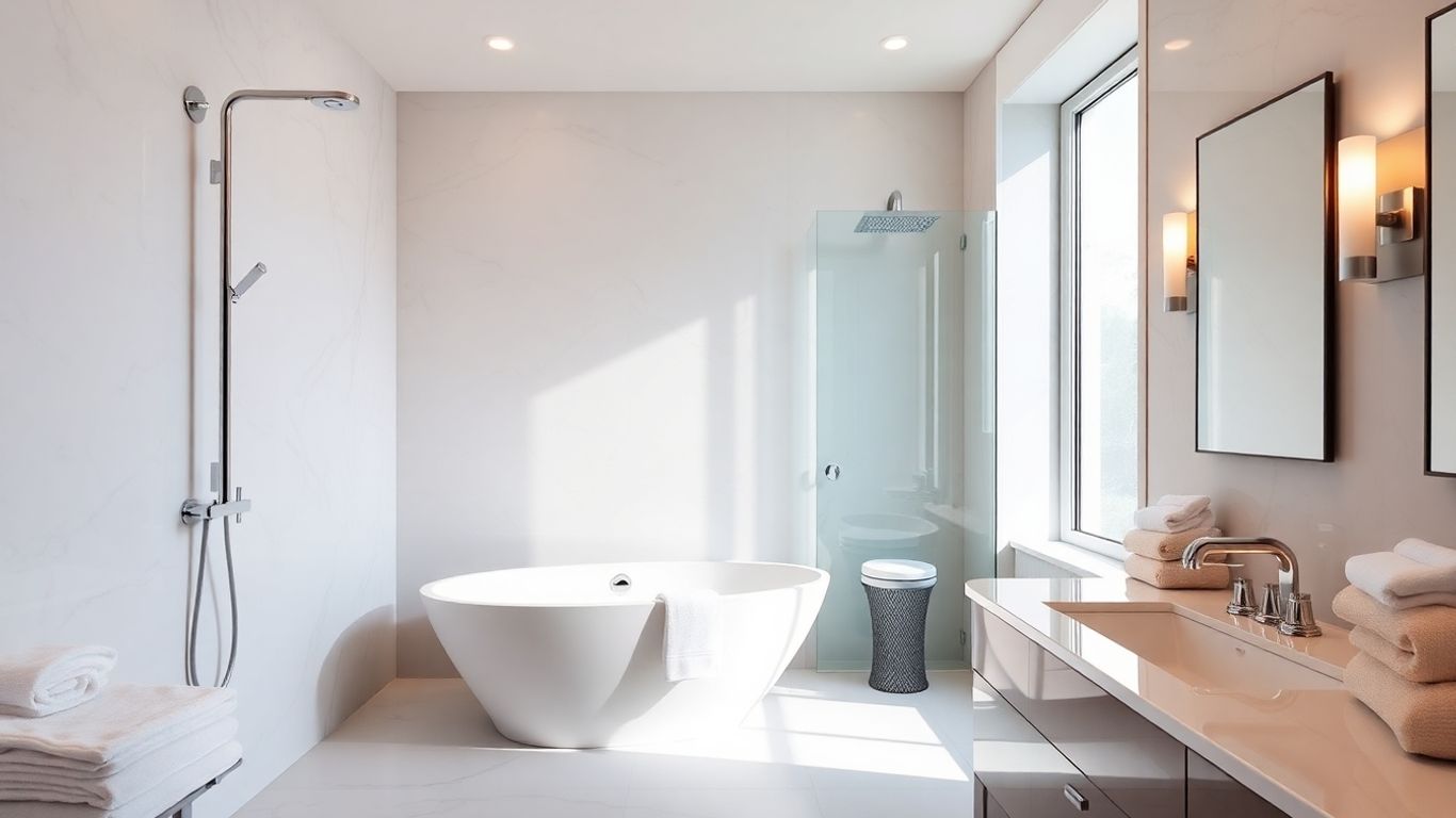 Modern bathroom with spa-like fixtures and natural light.