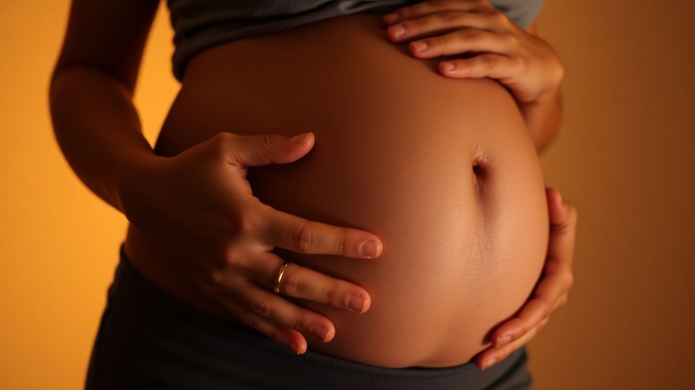 Mulher grávida com cólica segurando a barriga.