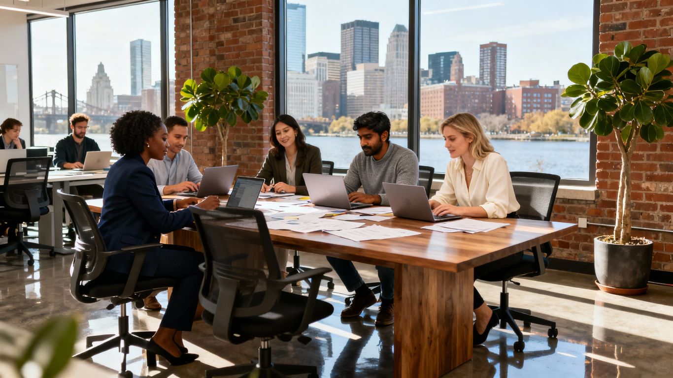 Boston business professionals collaborating in a modern office.