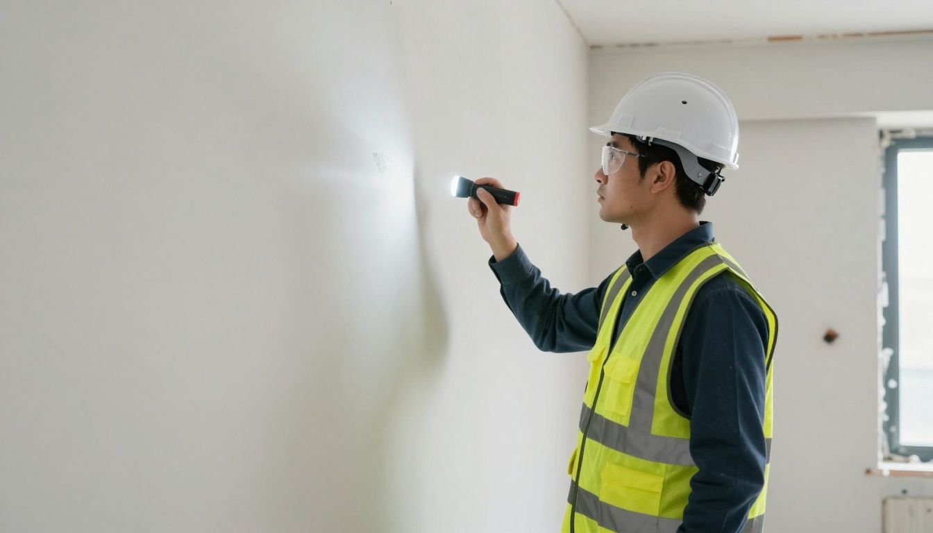 Inspector checking for plaster dust after construction cleaning.