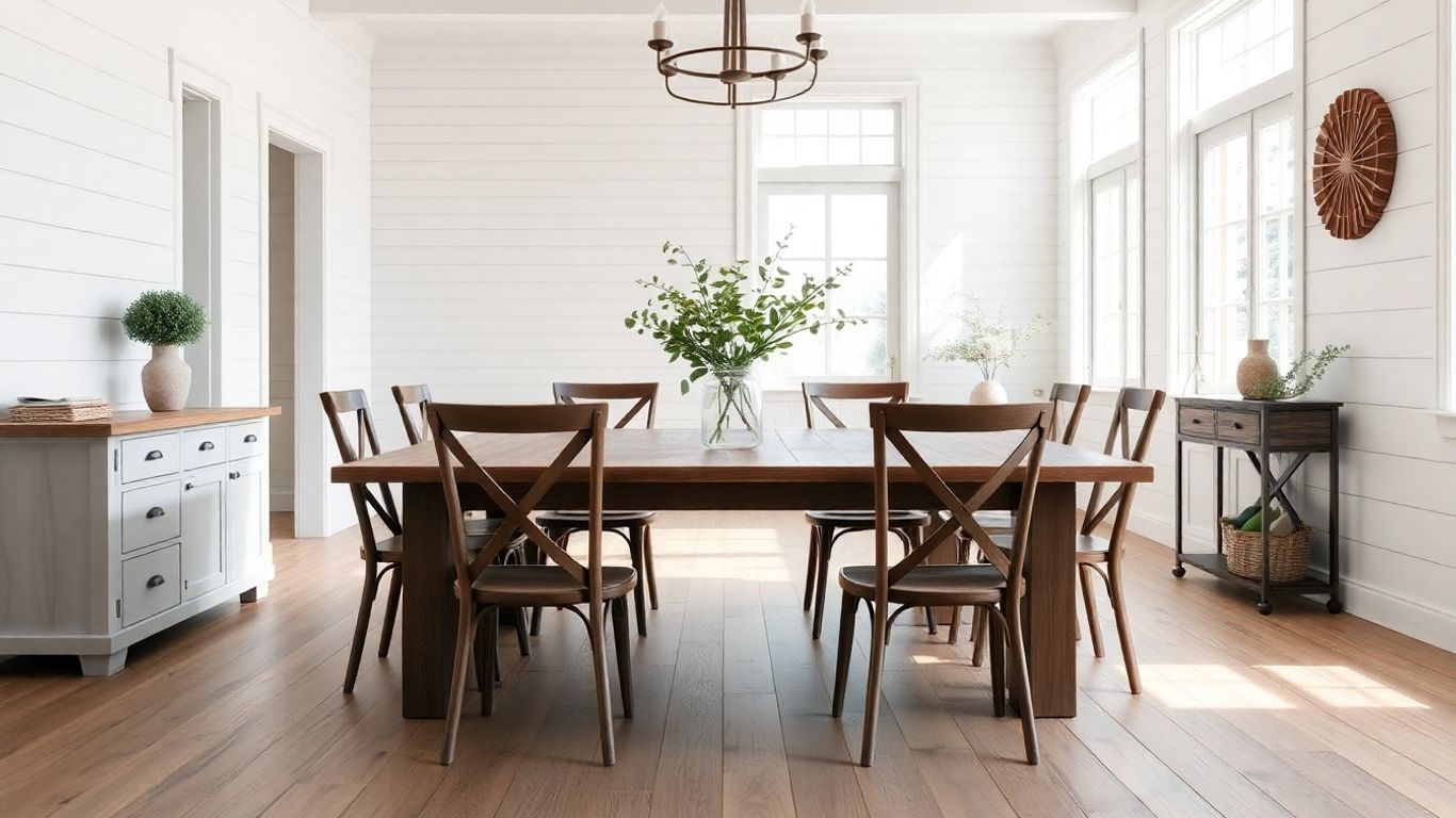 Farmhouse dining table with rustic chairs and natural sunlight