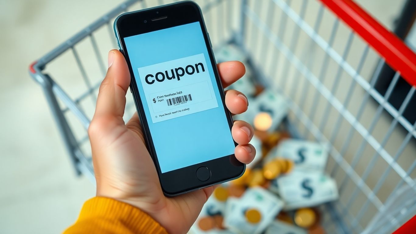 Hand holding phone with coupon, coins, and shopping cart.