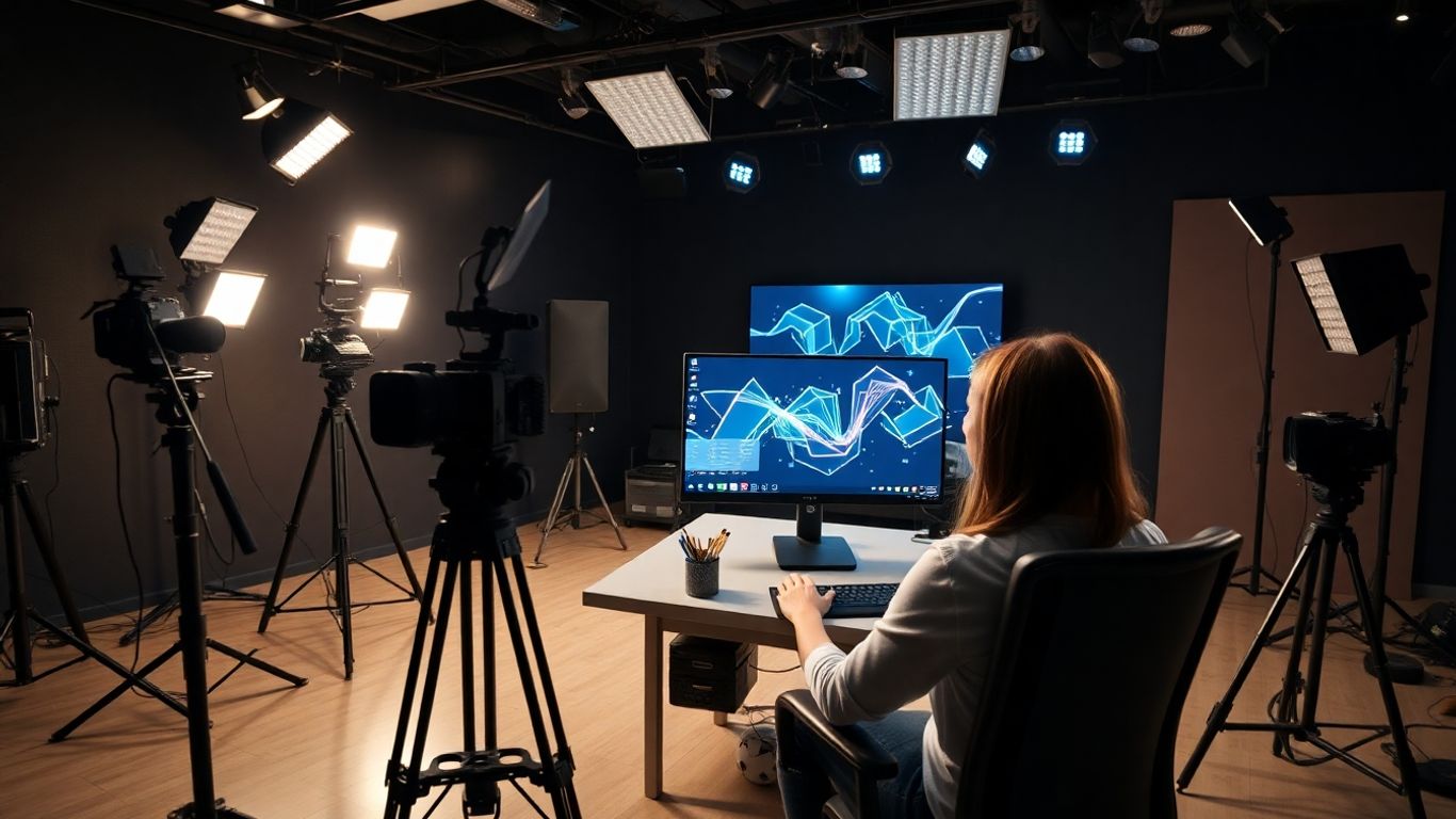 Studio de production vidéo avec équipement moderne et interface technologique.
