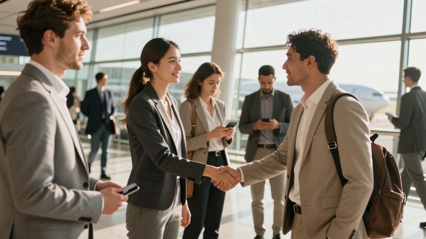 Personnes d'affaires interagissant dans un aéroport international animé.