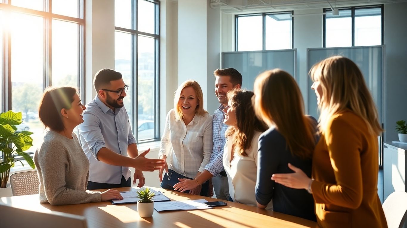 Michigan business professionals collaborating in a bright office setting.