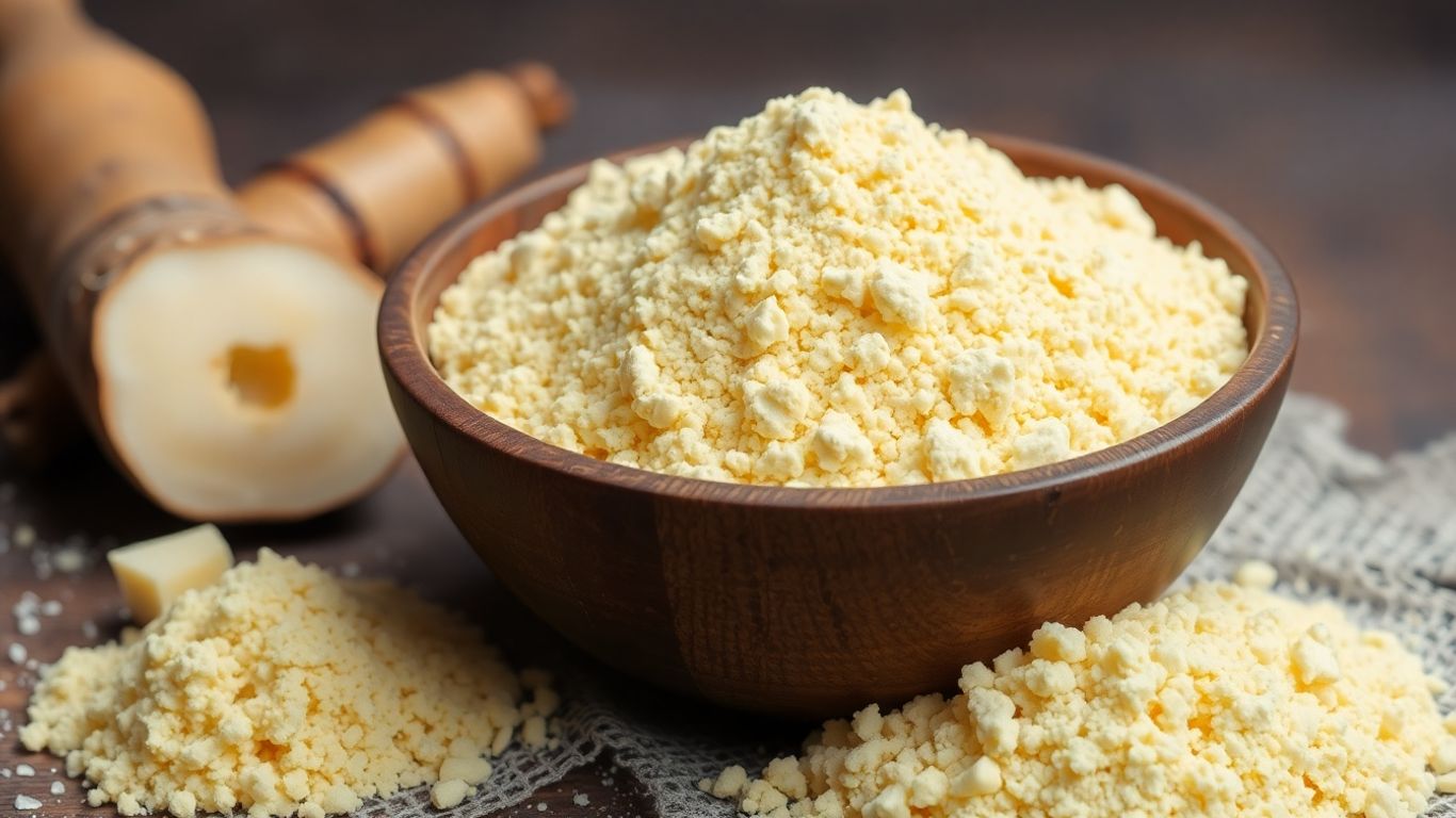 Farinha de mandioca em tigela com raízes cruas