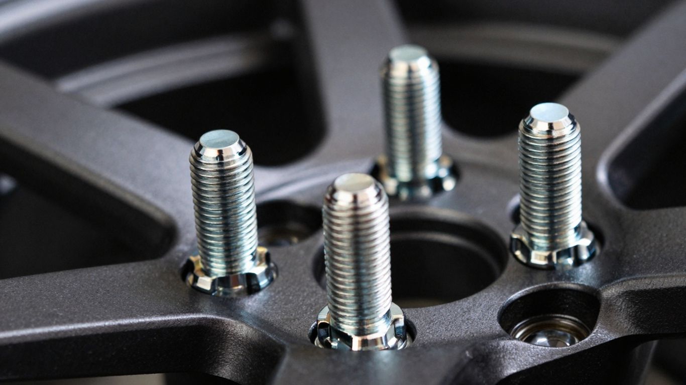 Aftermarket wheel studs installed on a vehicle hub.