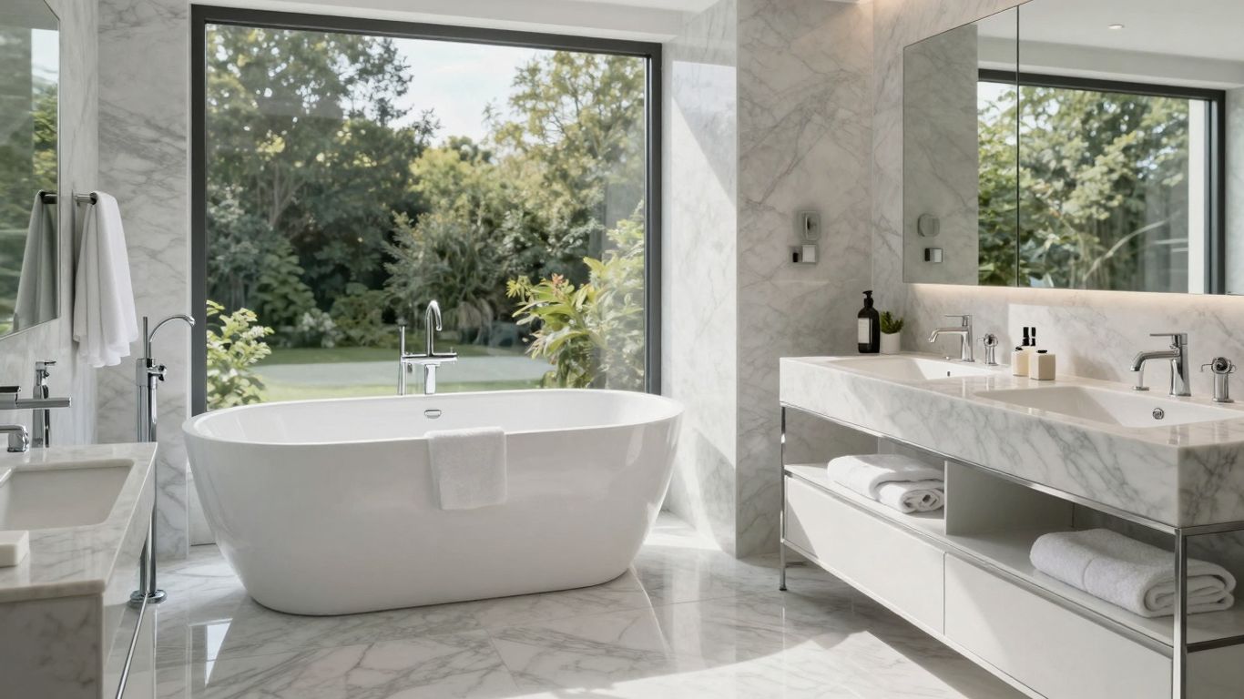 Spacious luxury bathroom with freestanding tub and double vanity.