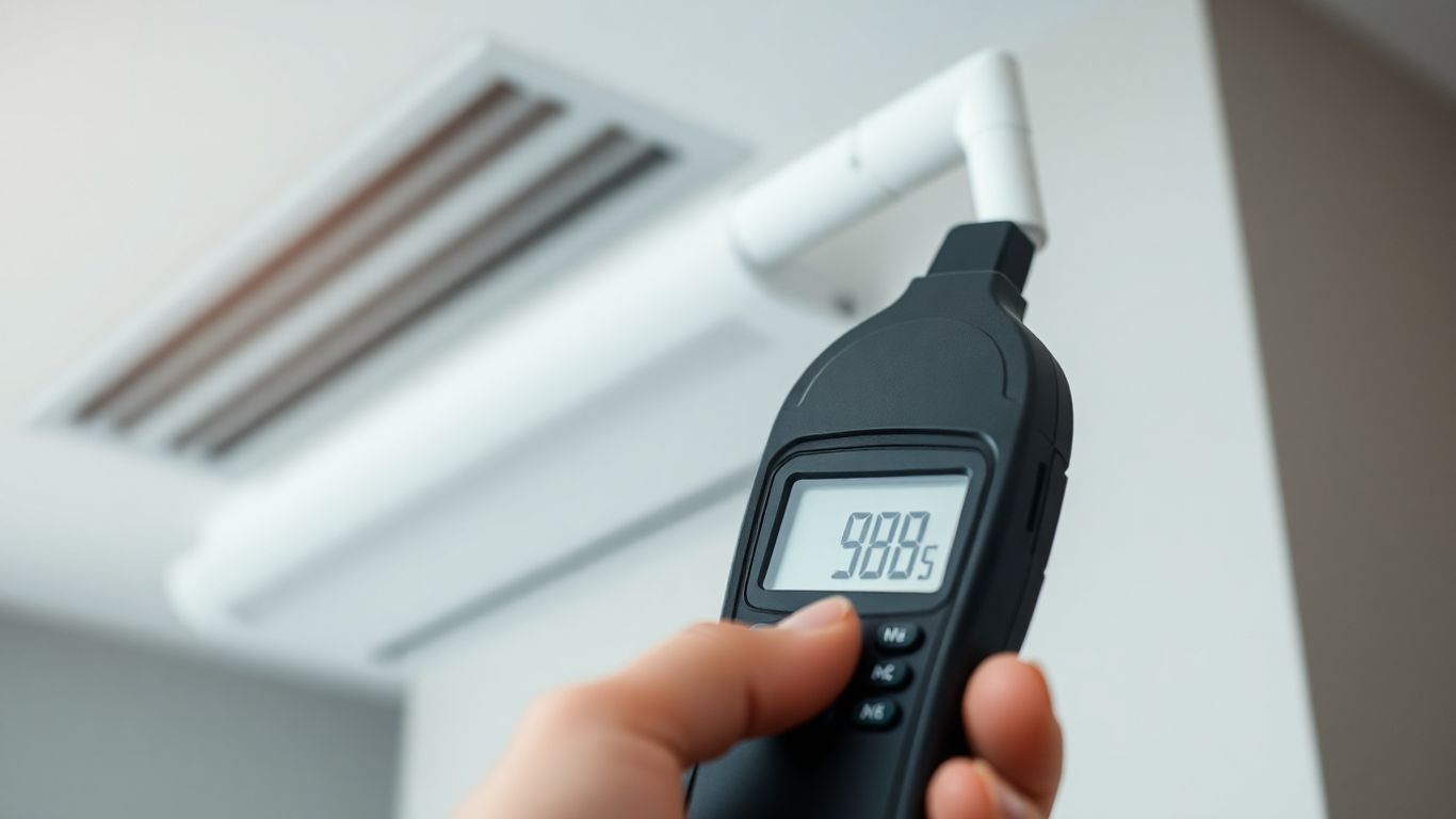 Anémomètre mesurant le débit d'air dans une bouche d'aération.