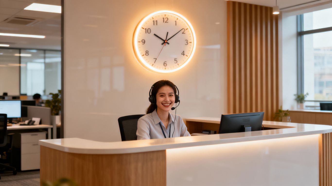 24/7 service desk with smiling support agent and glowing clock.