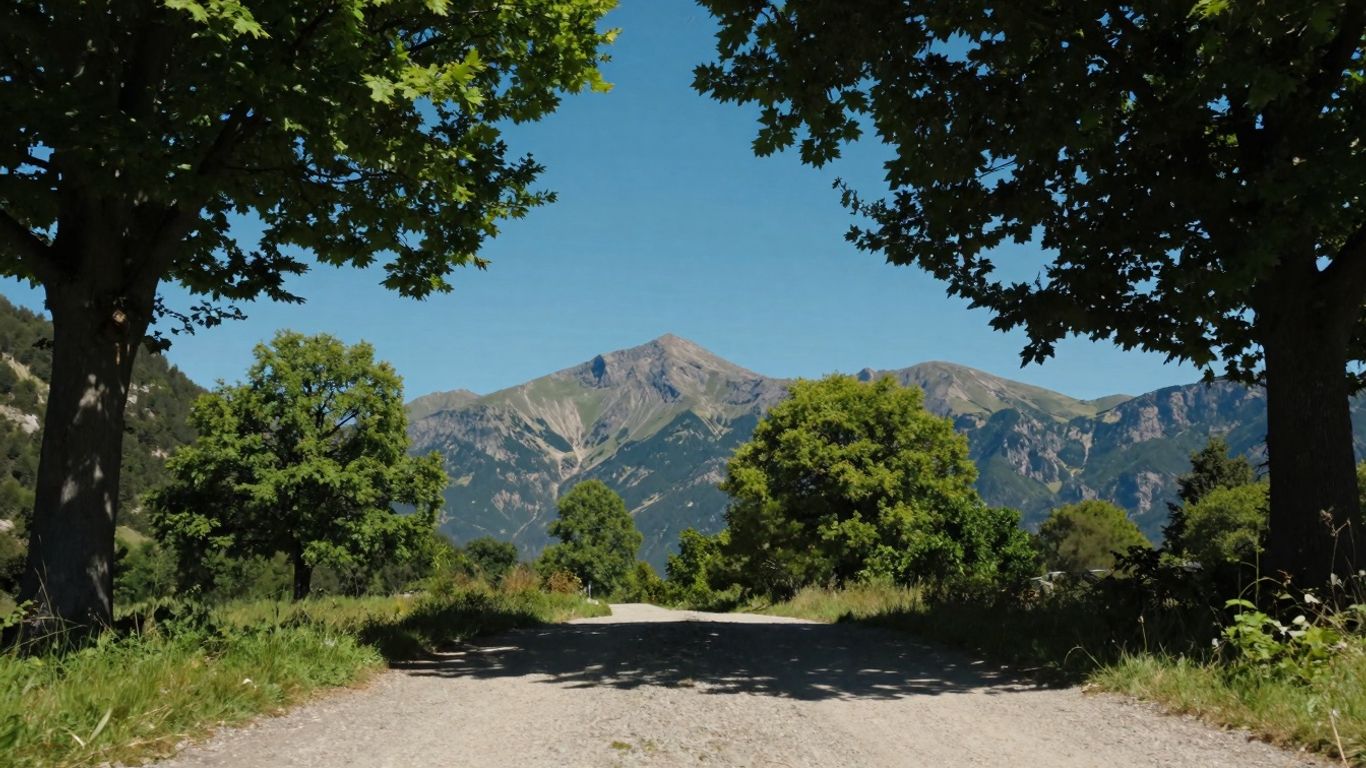 Malowniczy krajobraz górski z drogą prowadzącą ku przygodzie.