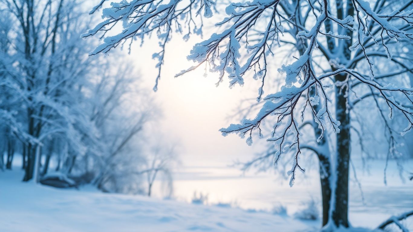 Schneebedeckte Bäume und gefrorener See im Winterlicht.