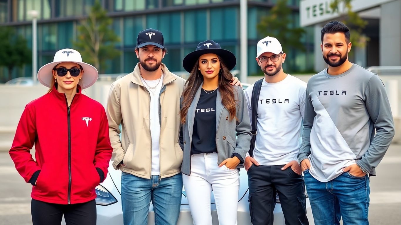 People in Tesla apparel standing next to a Tesla car
