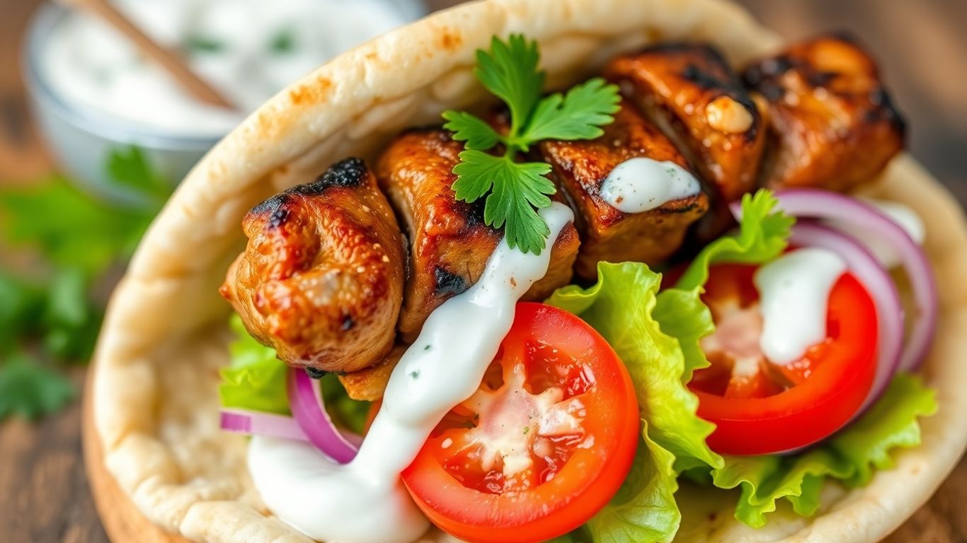Delicious souvlaki wrap with grilled pork and fresh toppings.
