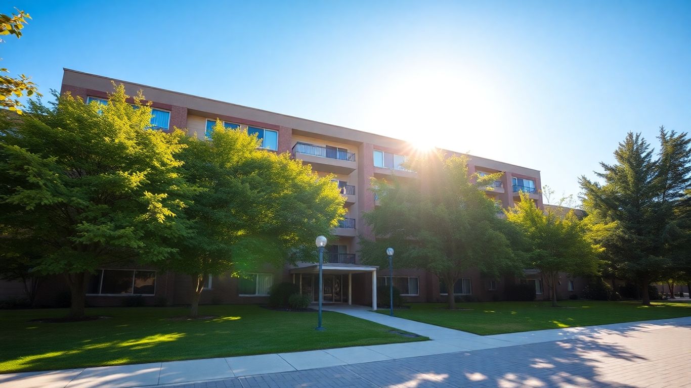 Prédio de apartamentos com céu azul e árvores verdes.