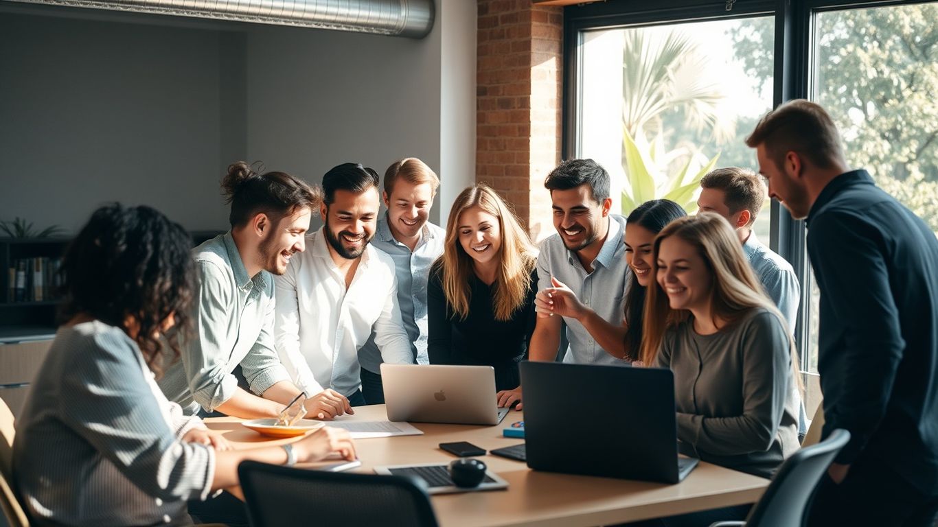 Australian startup team collaborating in a bright, modern office.