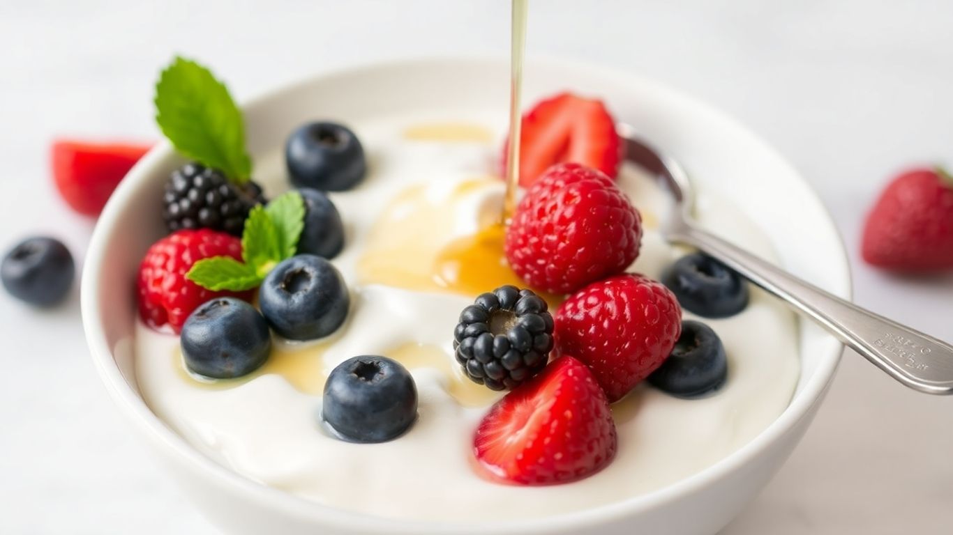 Bowl of Greek yogurt with berries and honey.
