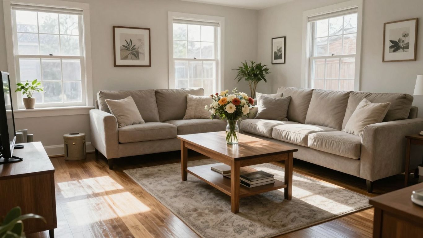 Čistý a uprataný obývací priestor s denným svetlom.