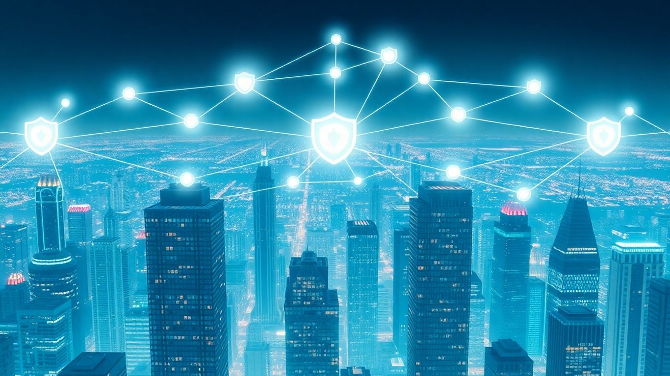 Futuristic blockchain network over a digital cityscape.