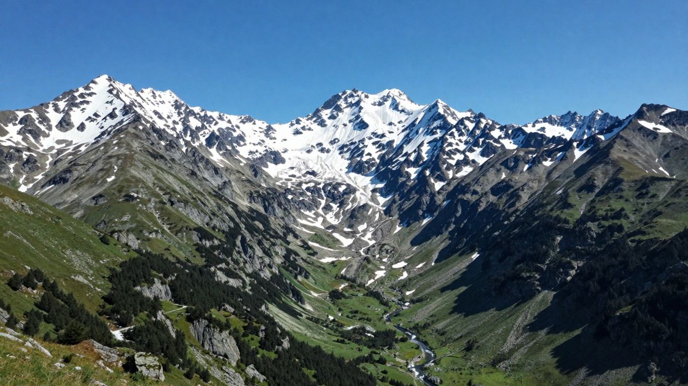 Pirin Mountains, Bulgaria, with snow-capped peaks and green valleys.